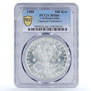 Czechoslovakia 500 korun National Federation Oak Tree MS66 PCGS silver coin 1988