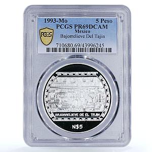 Mexico 5 pesos Bajorrelieve Del Tajin PR69 PCGS  silver coin 1993