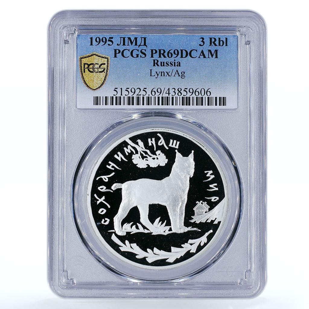 Russia 3 rubles Protect Our World Wildlife Fauna Lynx PR69 PCGS silver coin 1995