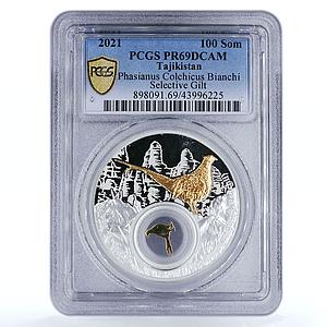 Tajikistan 100 somoni Phasianus Colchicus Bianchi PR69 PCGS silver coin 2021