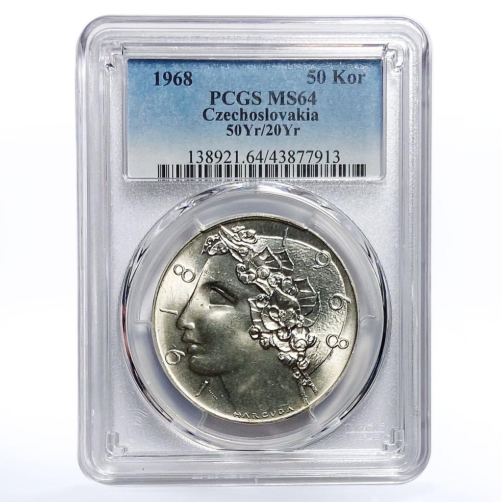 Czechoslovakia 50 korun 50th Jubilee of Independence MS64 PCGS silver coin 1968