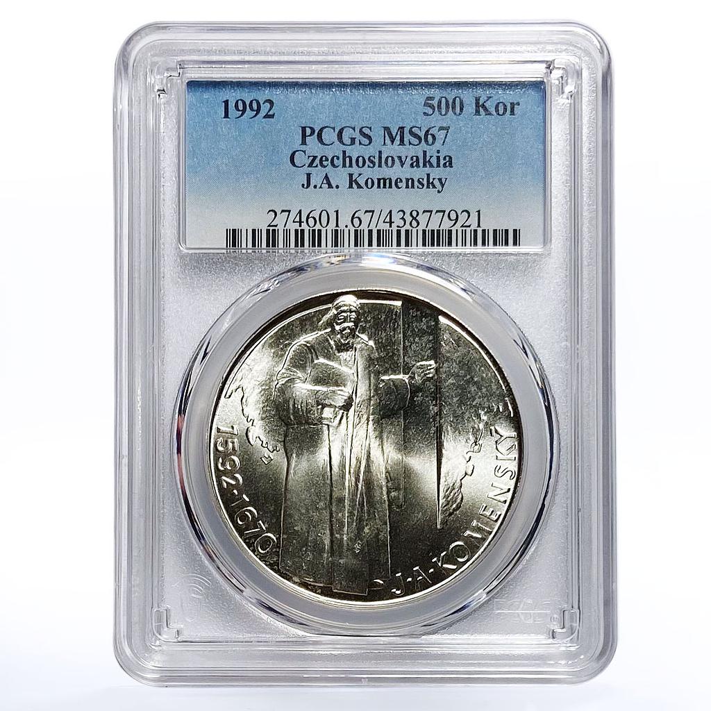 Czechoslovakia 500 korun Birthday J.A. Comenius Komensky MS67 PCGS silver 1992