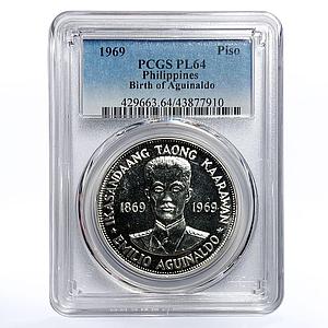 Philippines 1 piso Birth of Emilio Aguinaldo PL64 PCGS silver coin 1969