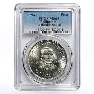 Philippines 1 peso 100 Anniversary Birth Apolina Mabini MS64 PCGS silver 1964