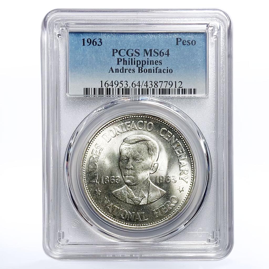 Philippines 1 peso 100 Anniversary Birth Andres Bonifacio MS64 PCGS silver 1963