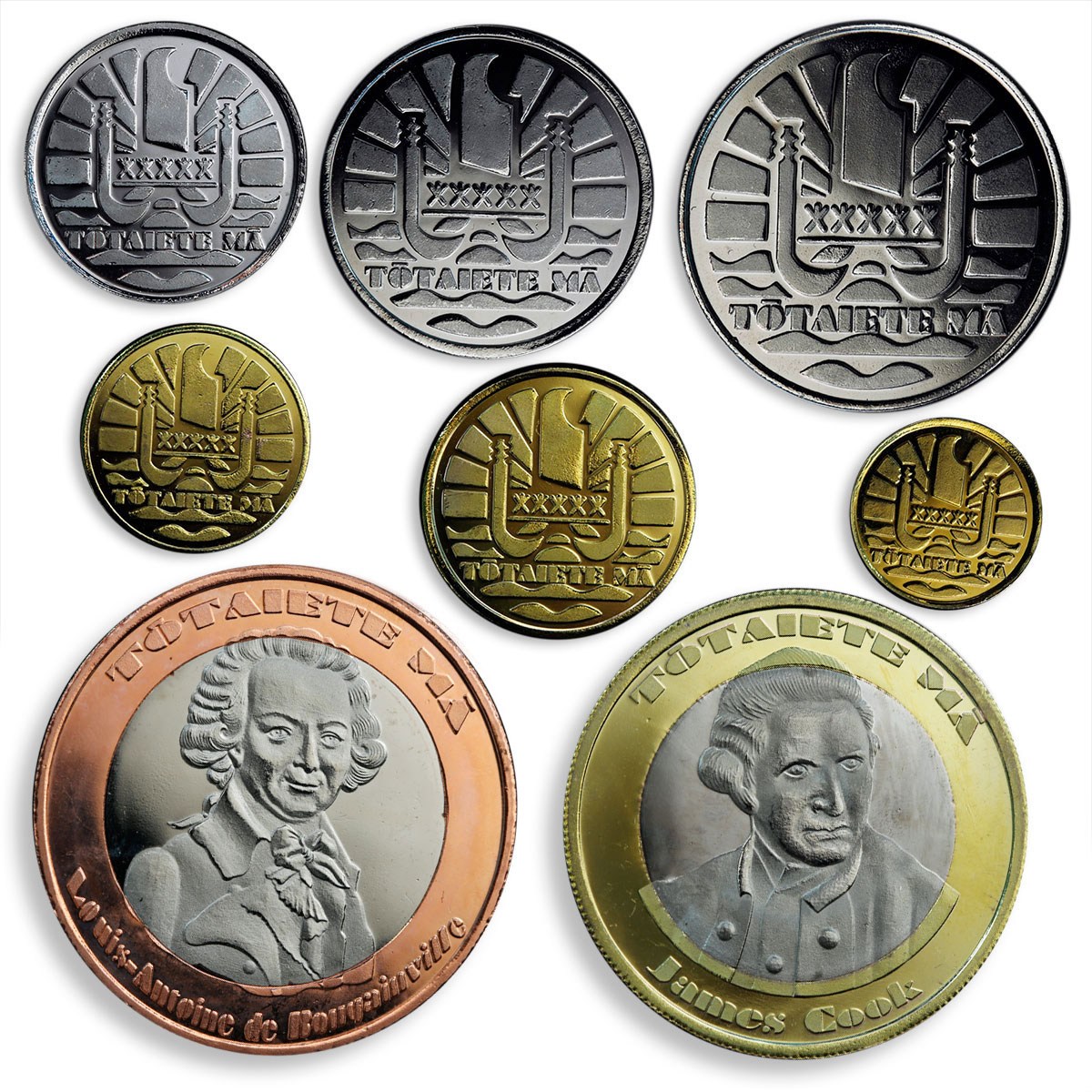 Society Islands, set of 8 coins, Local Fauna, Sea Creatures, Birds, 2015