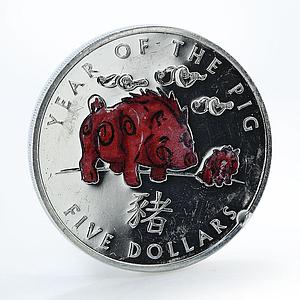 Solomon Islands 5 dollars Year of Pig Red Lunar Calendar silver coin 2007