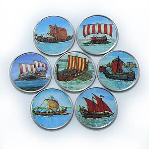 Somalia set of 7 coins Antique Ships colorized souvenir set 2017
