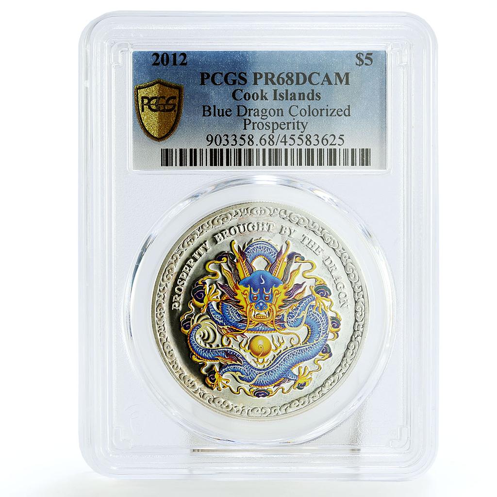 Cook Islands 5 $ Year of Dragon Blue Prosperity PR68 PCGS silver coin 2012