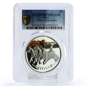Niue 1 dollar Colosseum Citius Chariot PR70 PCGS color silver coin 2014