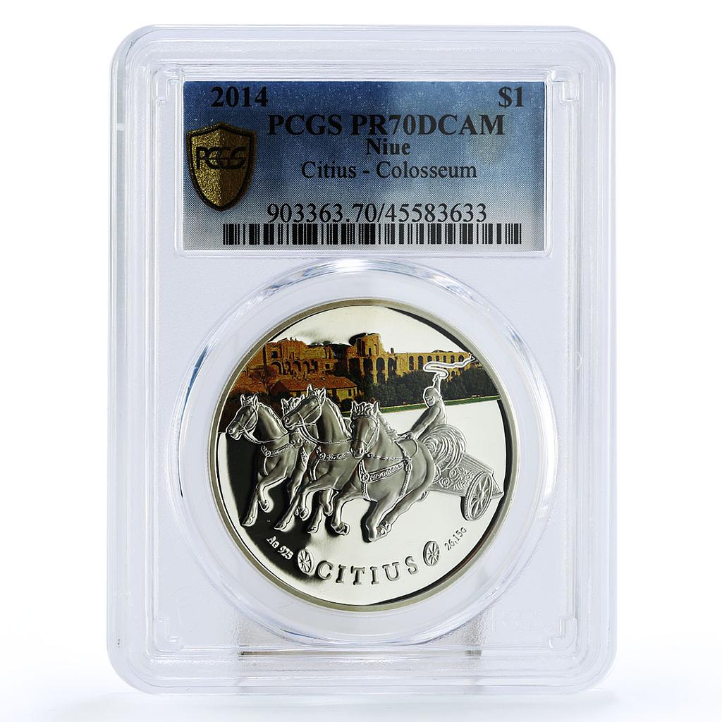 Niue 1 dollar Colosseum Citius Chariot PR70 PCGS color silver coin 2014