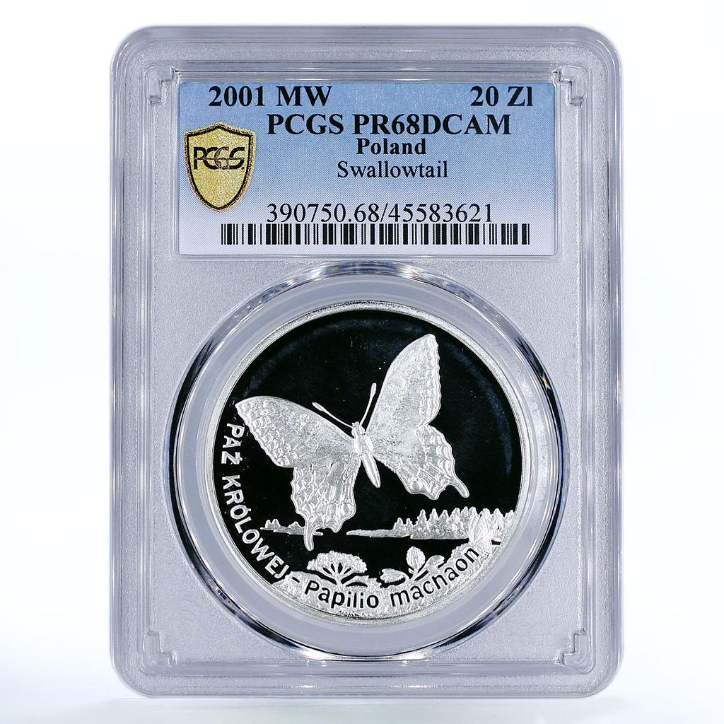 Poland 20 zlotych Swallowtail World Animals series PR68 PCGS silver coin 2001