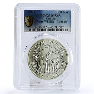 Zambia 5000 kwacha African Wildlife series Elephant MS68 PCGS silver coin 2003