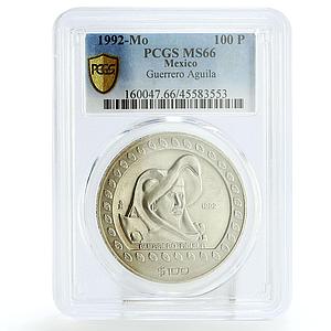 Mexico 100 pesos Guerrero Aguila Eagle Warrior MS66 PCGS silver coin 1992