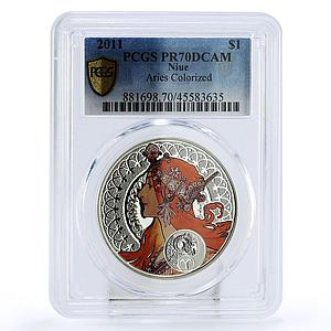 Niue 1 $ Alphonse Mucha Zodiac Signs series Aries PR70 PCGS silver coin 2011