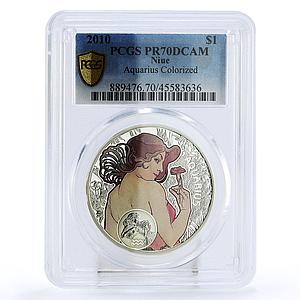 Niue 1 dollar Alphonse Mucha Zodiac Series Aquarius PR70 PCGS silver coin 2010