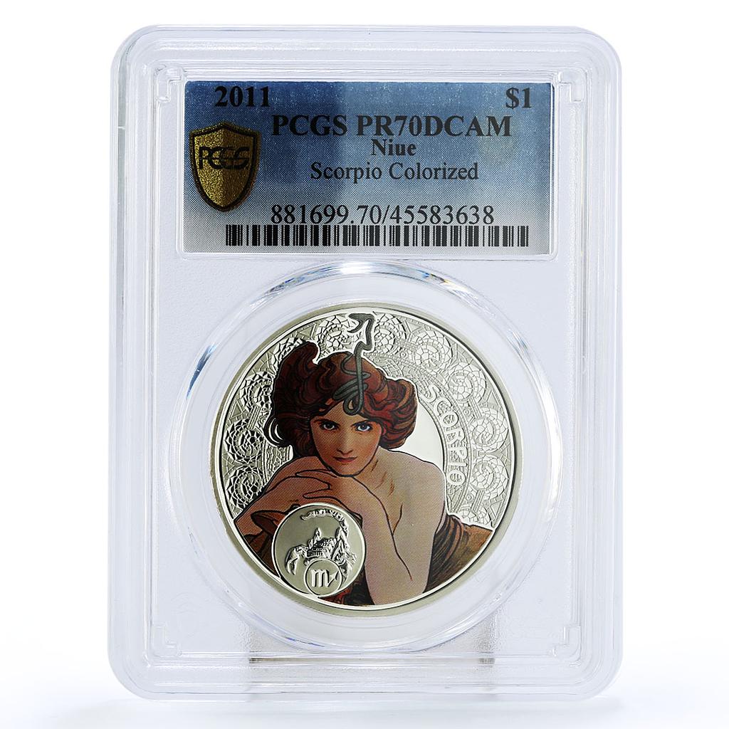 Niue 1 $ Alphonse Mucha Zodiac Signs series Scorpio PR70 PCGS silver coin 2011