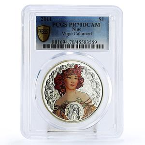 Niue 1 dollar Alphonse Mucha Zodiac series Virgo PR70 PCGS silver coin 2011