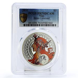 Niue 1 dollar Alphonse Mucha Zodiac series Aries PR70 PCGS silver coin 2011