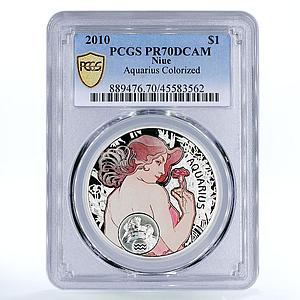 Niue 1 dollar Alphonse Mucha Zodiac Series Aquarius PR70 PCGS silver coin 2010