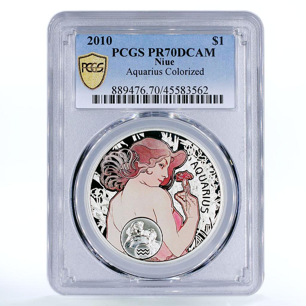 Niue 1 dollar Alphonse Mucha Zodiac Series Aquarius PR70 PCGS silver coin 2010