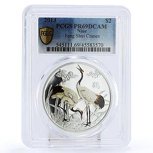 Niue 2 dollar Feng Shui Cranes Birds Fauna PR69 PCGS colored silver coin 2013
