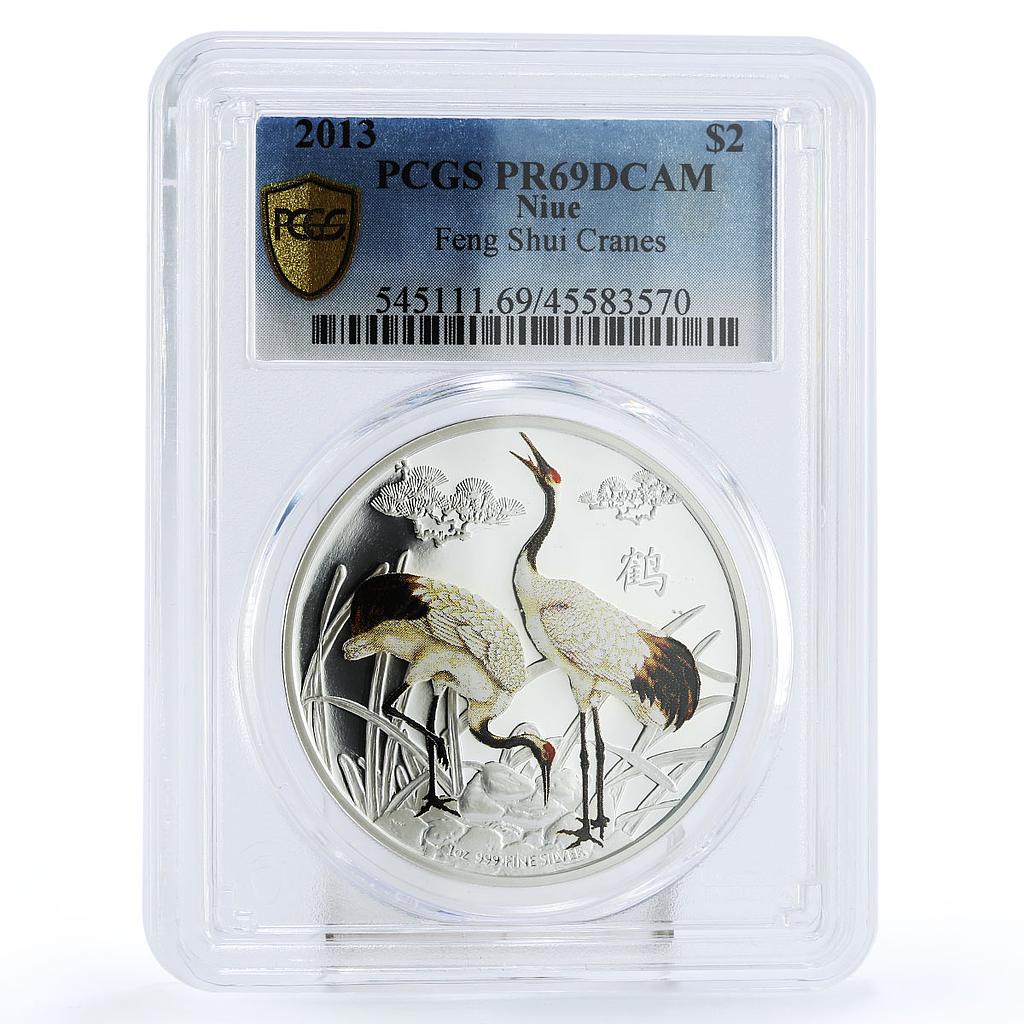 Niue 2 dollar Feng Shui Cranes Birds Fauna PR69 PCGS colored silver coin 2013