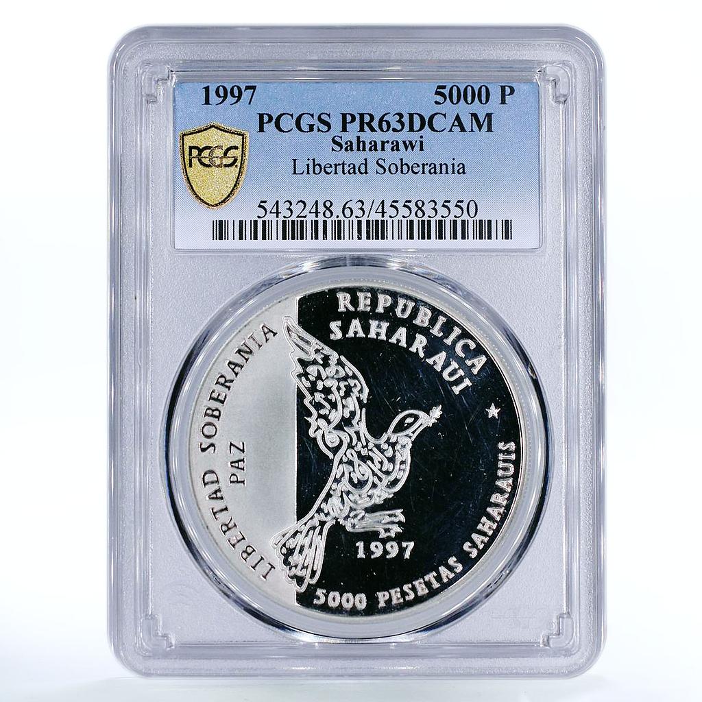 Saharawi 5000 pesetas Libertad Soberania Bird of Peace PR63 PCGS silver 1997