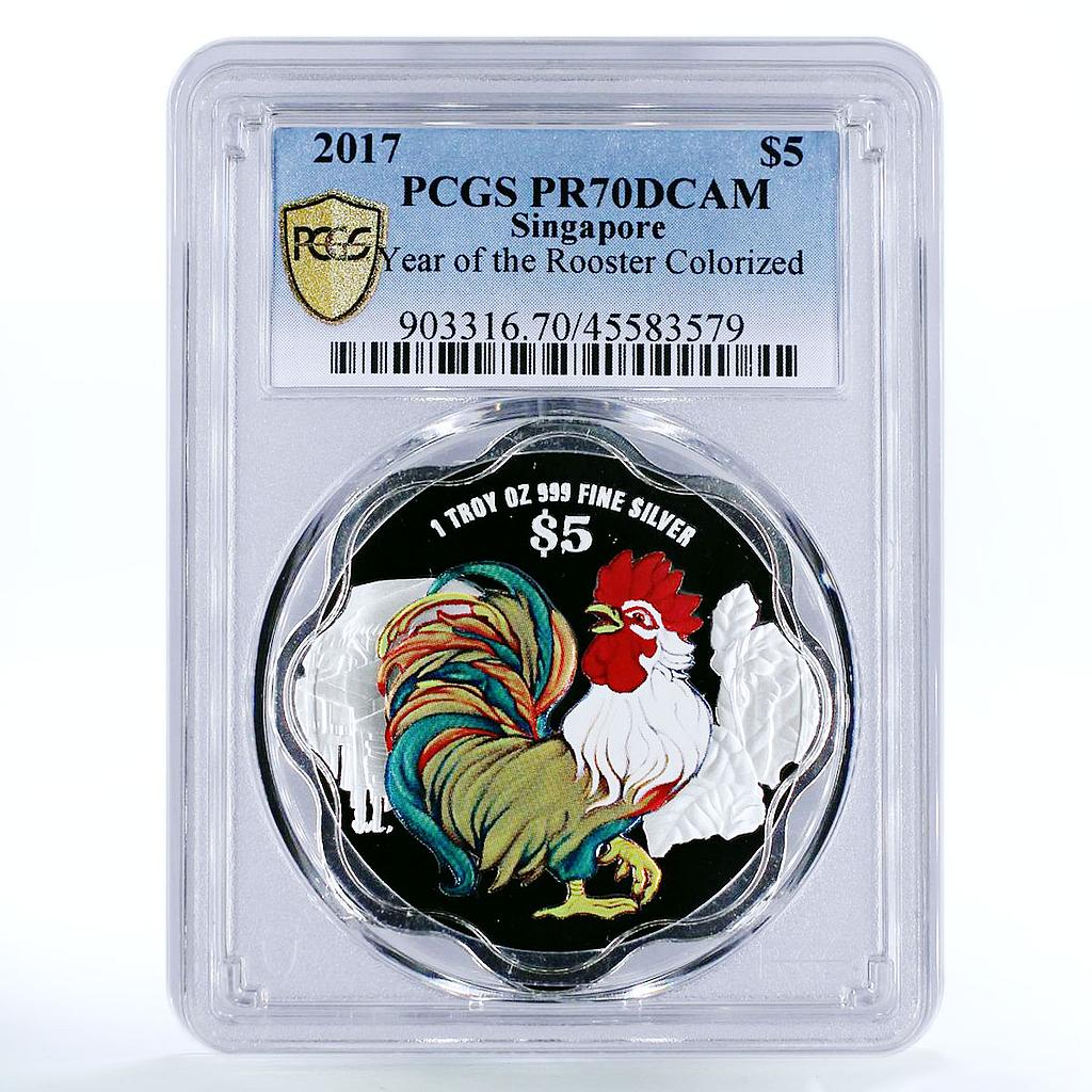 Singapore 5 $ Lunar Year Series Year of Rooster PR70 PCGS color silver coin 2017