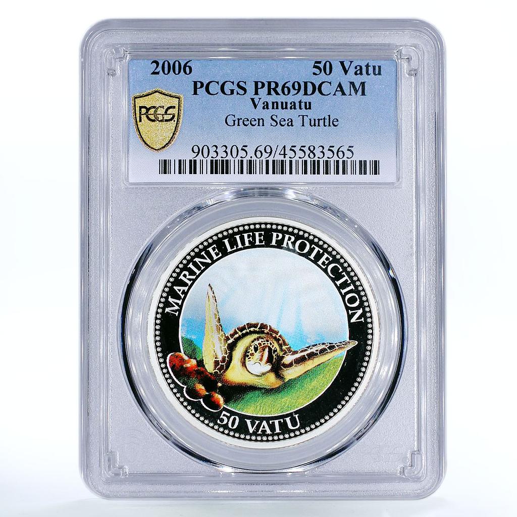 Vanuatu 50 vatu Marine Life Protection Green Sea Turtle PR69 PCGS silver 2006