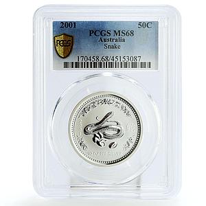 Australia 50 cents Lunar Calendar Year of the Snake MS68 PCGS silver coin 2001