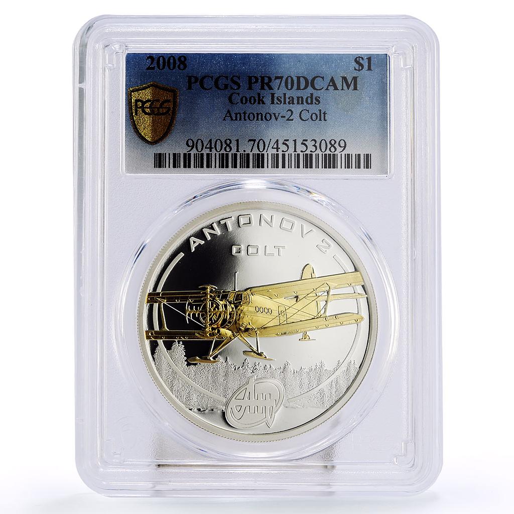 Cook Islands 1 Ukraine Planes Antonov-2 Colt PR70 PCGS gilded silver coin 2008