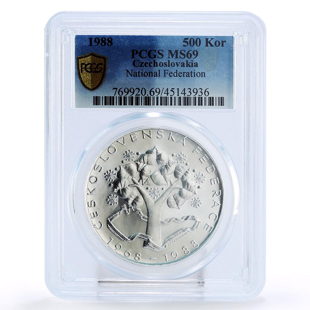 Czechoslovakia 500 korun National Federation Oak Tree MS69 PCGS silver coin 1988