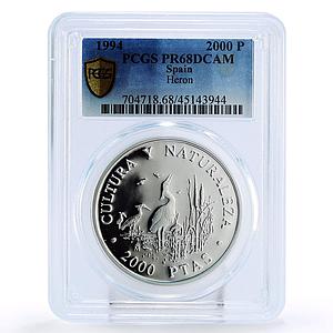 Spain 2000 pesetas Nature Donana National Park Heron PR68 PCGS silver coin 1994