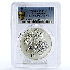 New Zealand 1 dollar Kiwi Kowhai Flower Birds MS69 PCGS silver coin 2012