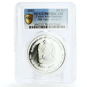 United Arab Emirates 50 dirhams 20 Anniversary I.A.D. PR70 PCGS silver coin 2001