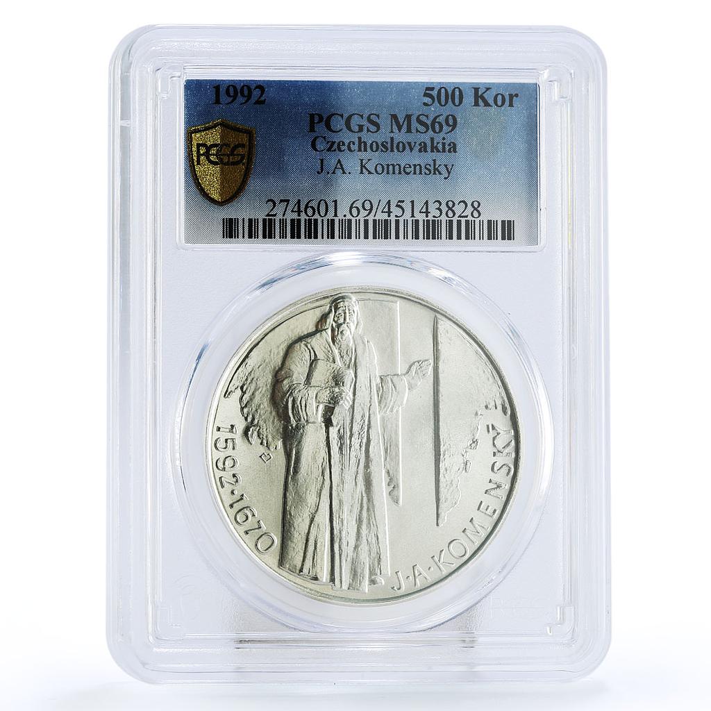 Czechoslovakia 500 korun Birthday Comenius Komensky MS69 PCGS silver coin 1992
