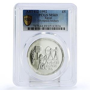 Egypt 5 pounds Olympic Games Archery MS69 PCGS silver coin 1992
