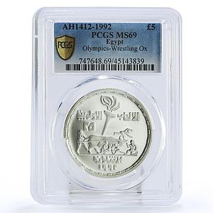 Egypt 5 pounds Olympic Games Wrestling Ox MS69 PCGS silver coin 1992