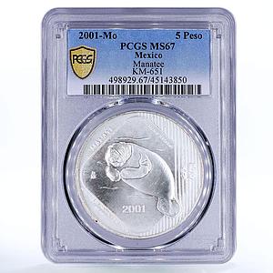 Mexico 5 pesos Endangered Wildlife Animal Manatee MS67 PCGS silver coin 2001