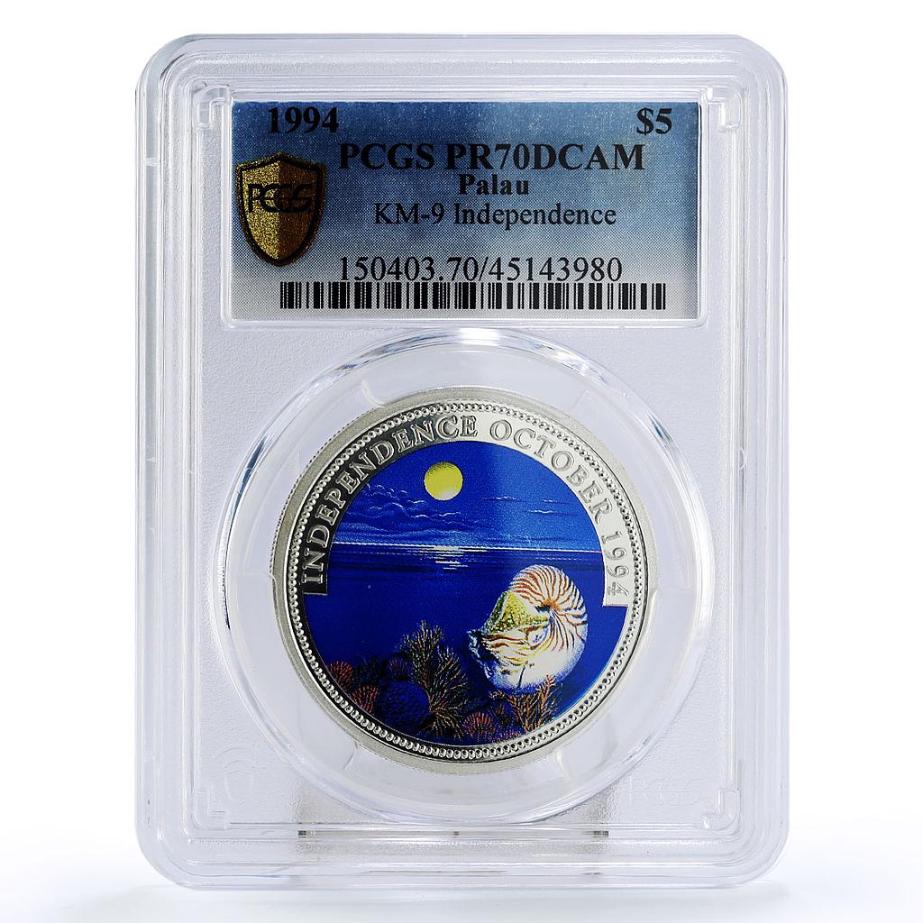 Palau 5 dollars Independence October Nautilus Sea PR70 PCGS silver coin 1994