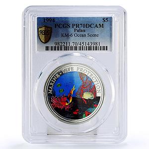 Palau 5 dollars Marine Life Protection Ocean Scene PR70 PCGS silver coin 1994