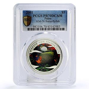 Palau 5 dollars Blueface Angelfish Butterflyfish PR70 PCGS silver coin 2001