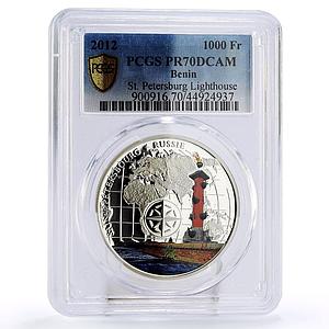 Benin 1000 francs St Petersburg Lighthouse PR70 PCGS silver coin 2012