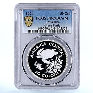 Costa Rica 50 colones Conservation Green Turtle PR69 PCGS silver coin 1974