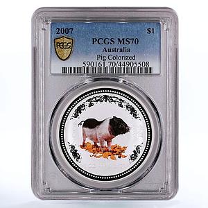 Australia 1 dollar Year of the Pig MS70 PCGS colored silver coin 2007