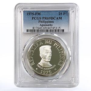 Philippines 25 piso 1st President Emilio Aquinaldo PR69 PCGS silver coin 1975