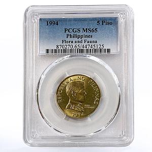 Philippines 5 piso Flora and Fauna MS65 PCGS NiBrass coin 1994