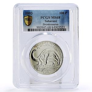 Saharawi 100 pesetas Prehistoric Animals Brontosaurus MS68 PCGS nickel coin 1993