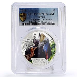 Tuvalu 1 dollar Endangered Fauna Southern Cassowary Bird PR70 PCGS Ag coin 2016